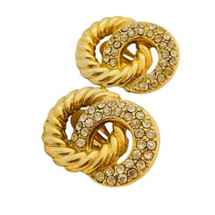Vintage gold rhinestone chain link designer runway clip on earrings
