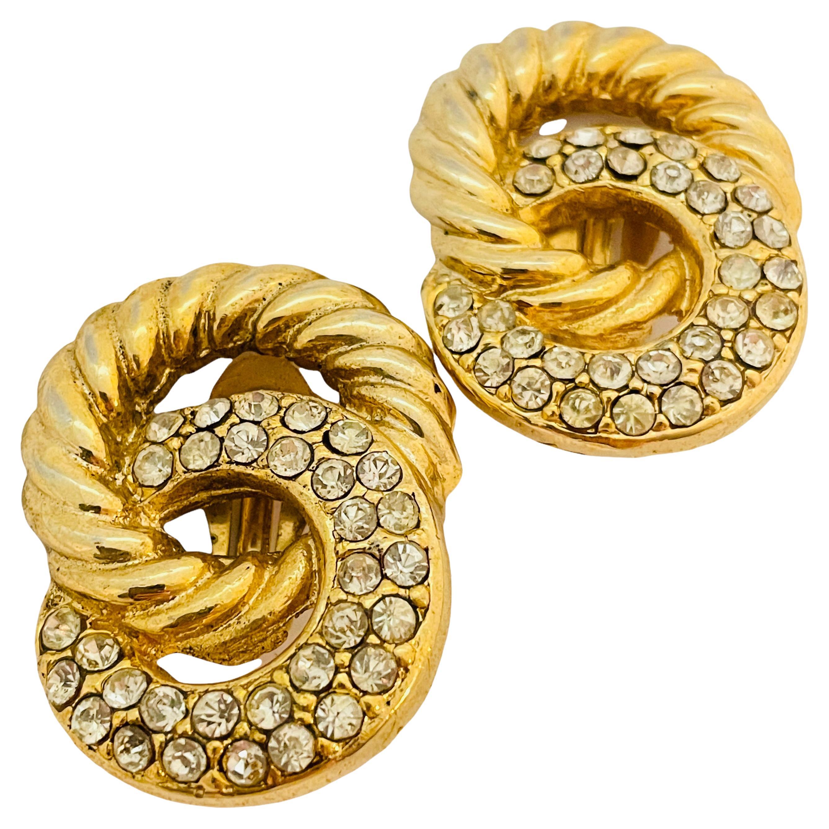 Vintage gold rhinestone chain link designer runway clip on earrings For Sale