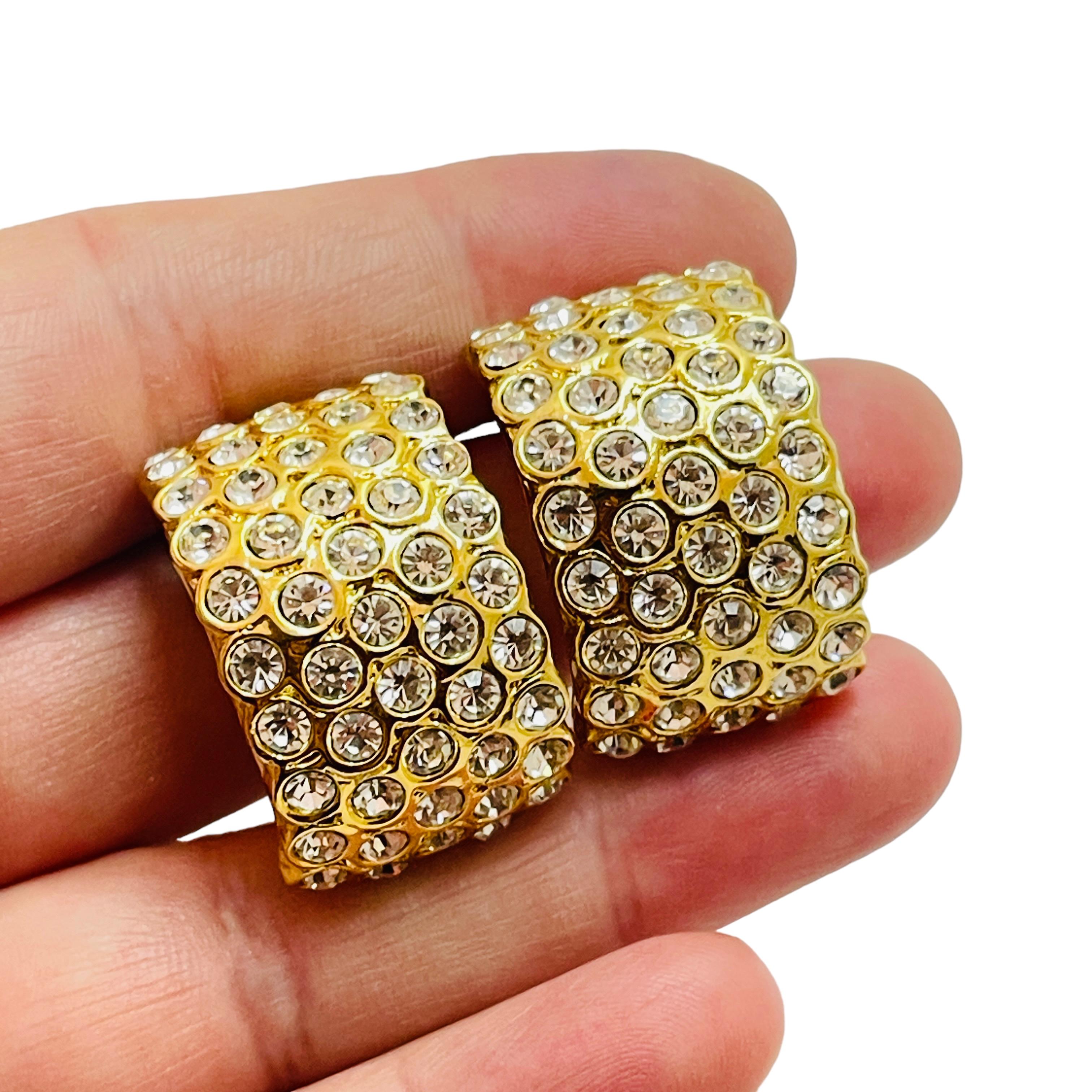 Women's or Men's Vintage gold rhinestone clip on designer earrings For Sale