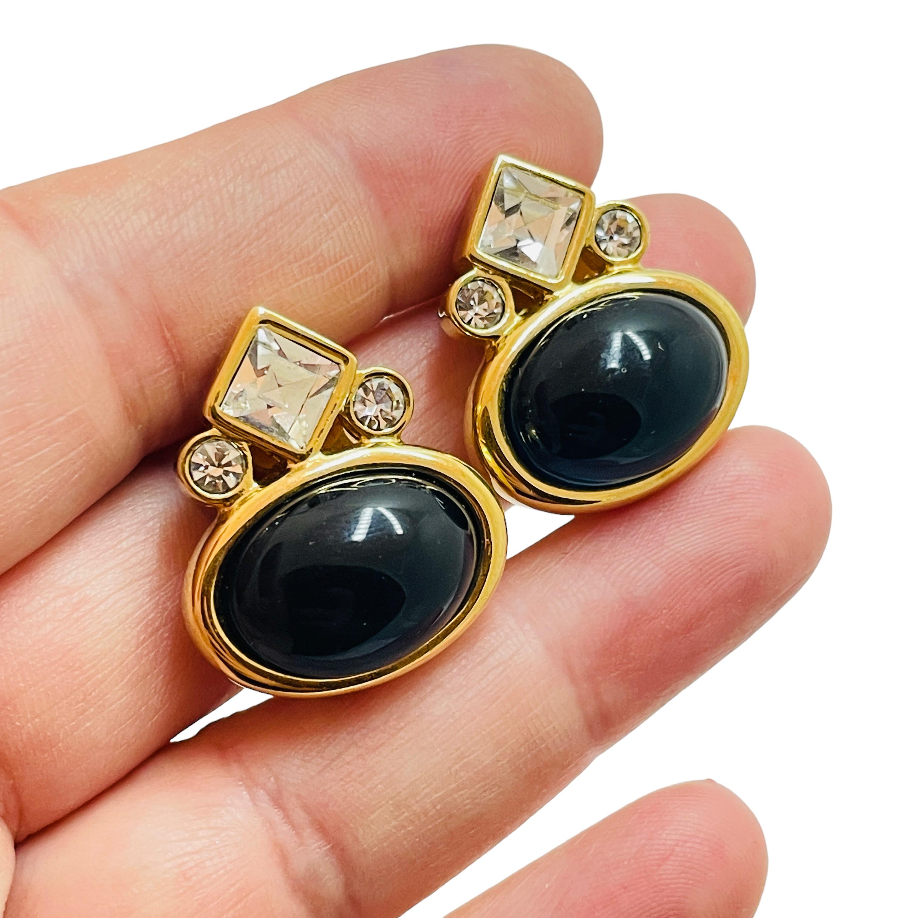 Vintage gold rhinestone clip on designer earrings For Sale 1