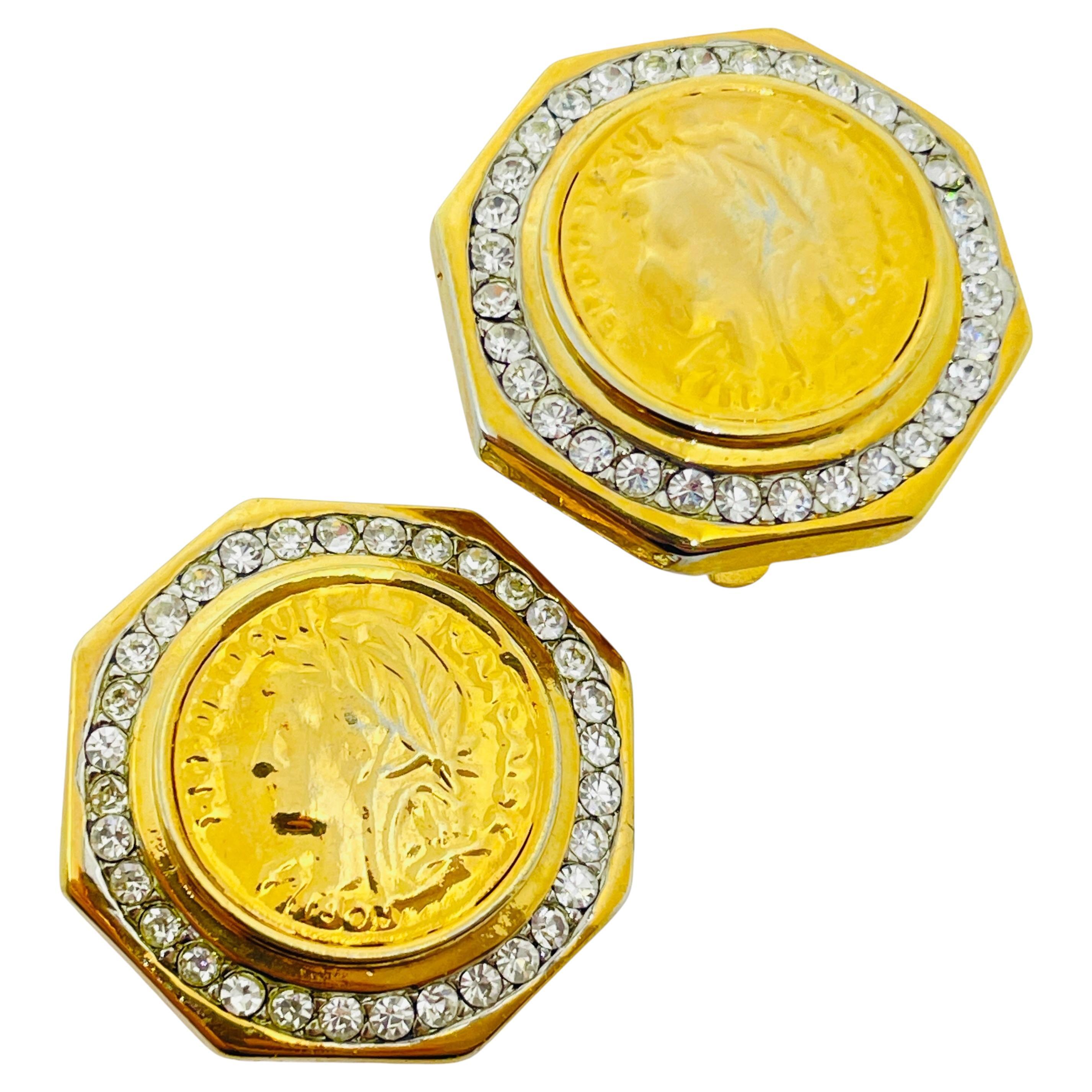 Orecchini a clip d'epoca con monete in strass d'oro della REPUBLIQUE FRANCSISE