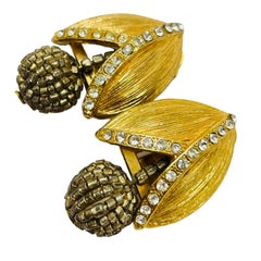 Vintage gold rhinestone dangle designer clip on earrings