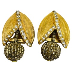 Vintage gold rhinestone dangle designer clip on earrings