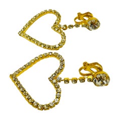 Vintage gold rhinestone dangle hearts designer clip on earrings