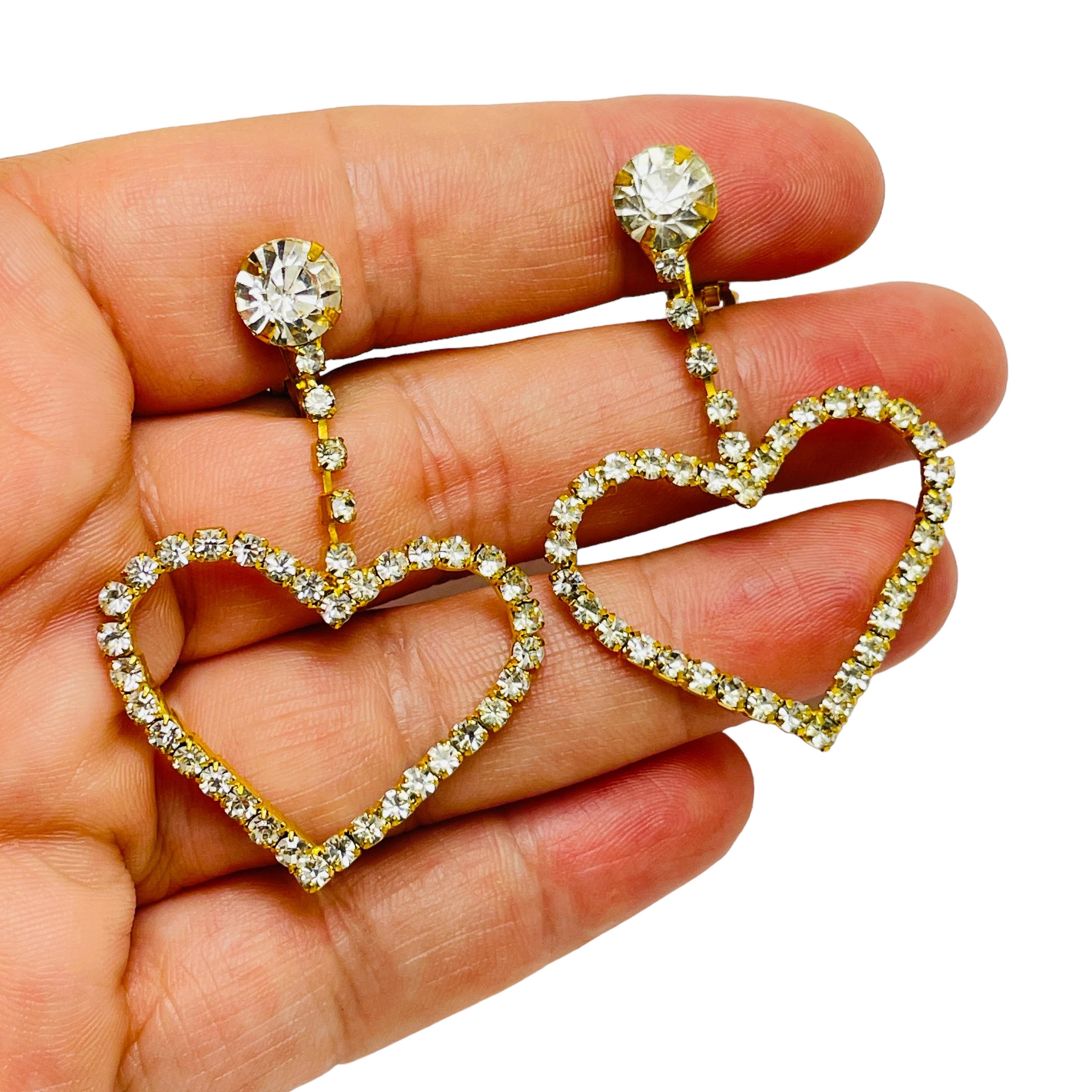 Vintage gold Strass baumeln Herzen Designer Clip auf Ohrringe Damen im Angebot