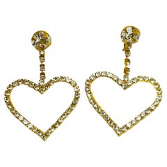 Vintage gold rhinestone dangle hearts designer clip on earrings