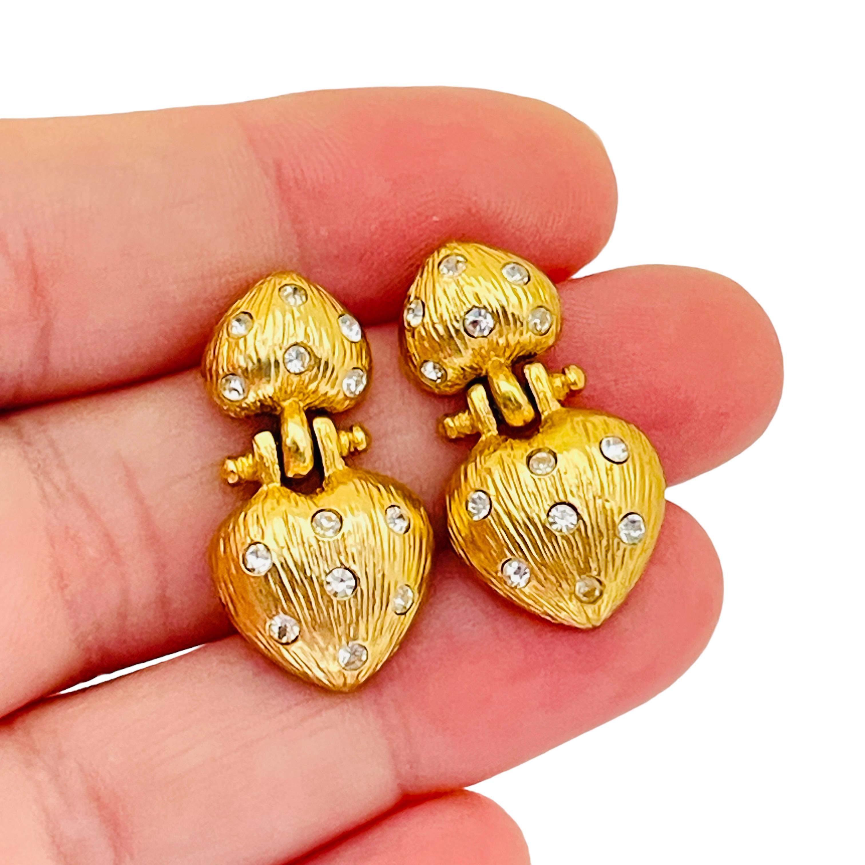 Women's or Men's Vintage gold rhinestone dangle hearts designer runway earrings  For Sale