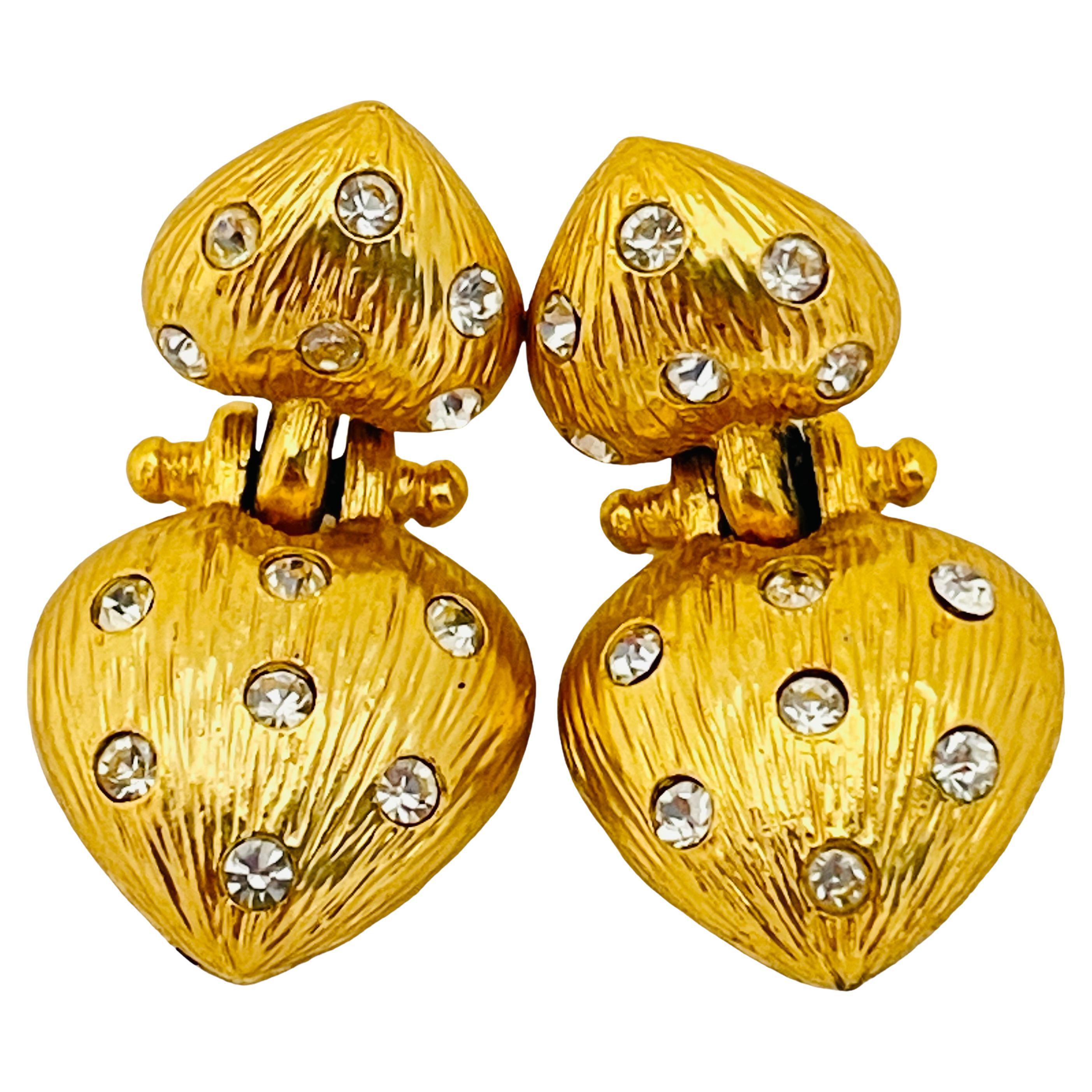 Vintage gold rhinestone dangle hearts designer runway earrings 