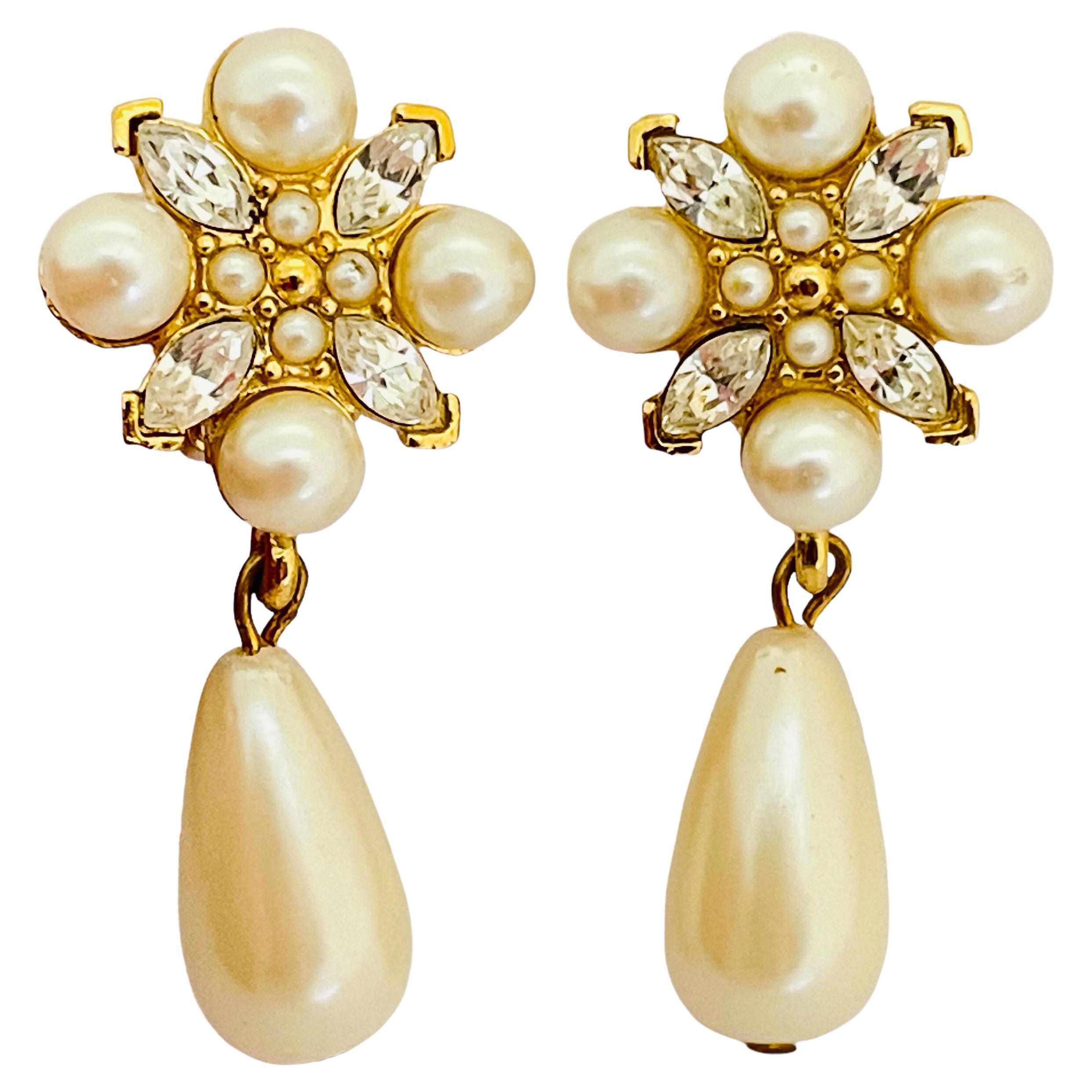 Vintage gold rhinestone dangle pearl designer runway clip on earrings For Sale