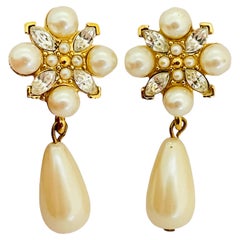 Vintage gold rhinestone dangle pearl designer runway clip on earrings