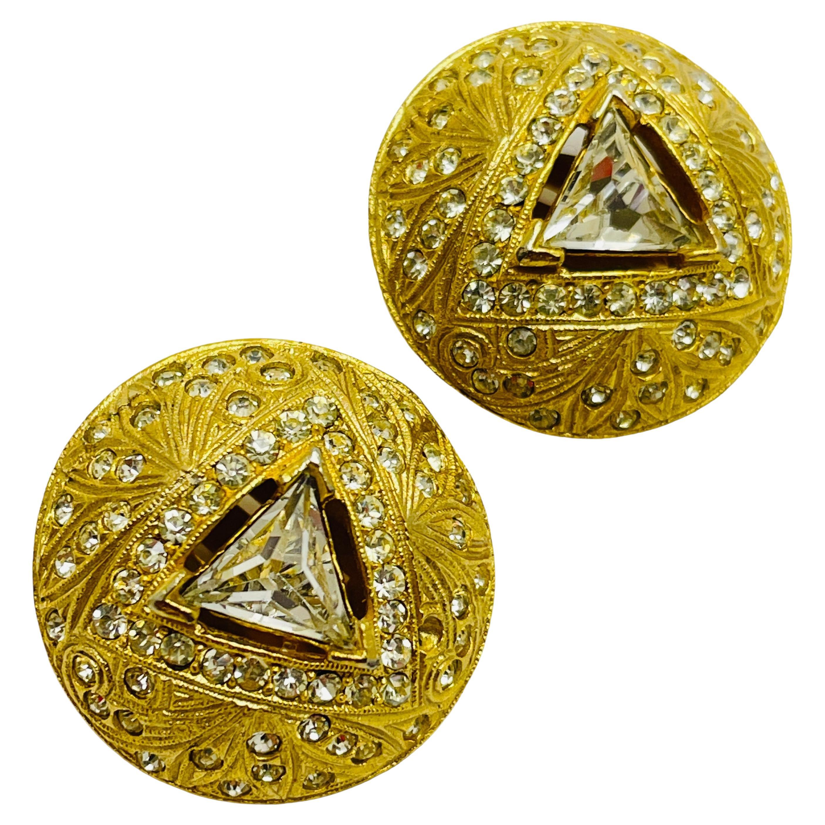 Vintage gold rhinestone designer clip on earrings