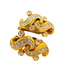 Vintage gold rhinestone designer runway clip on earrings