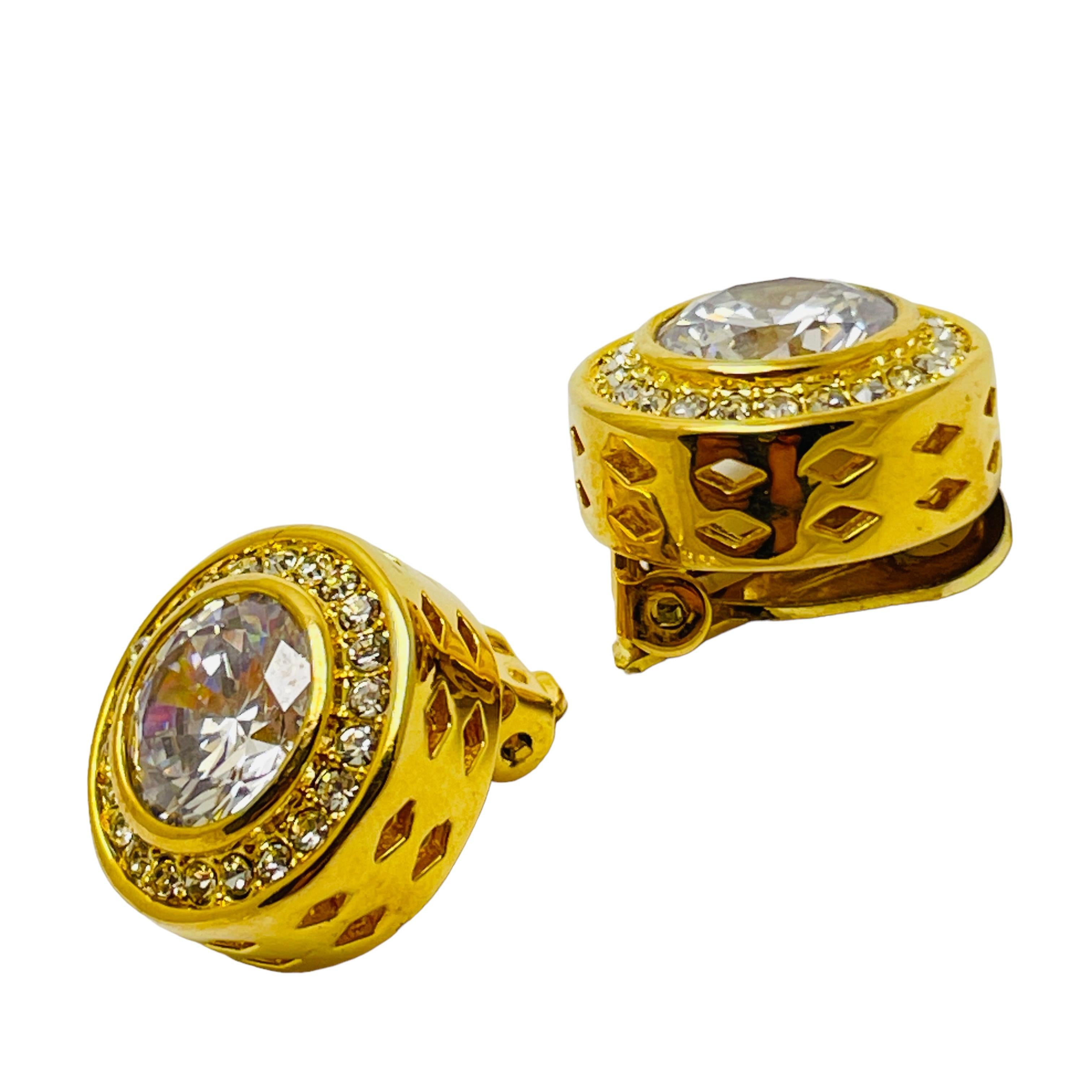 Women's or Men's Vintage gold rhinestone designer runway clip on earrings For Sale