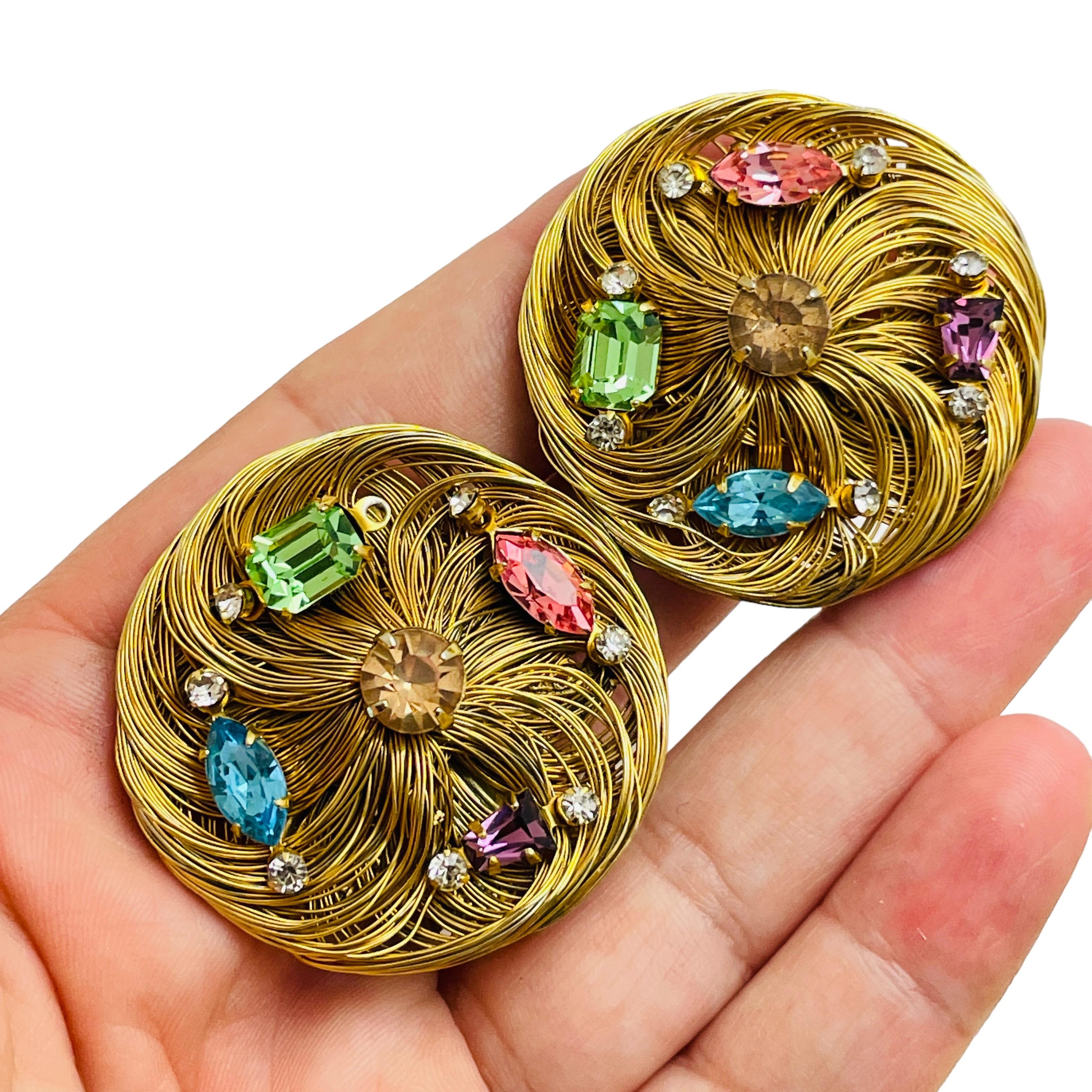 Women's Vintage gold rhinestone designer runway clip on earrings For Sale