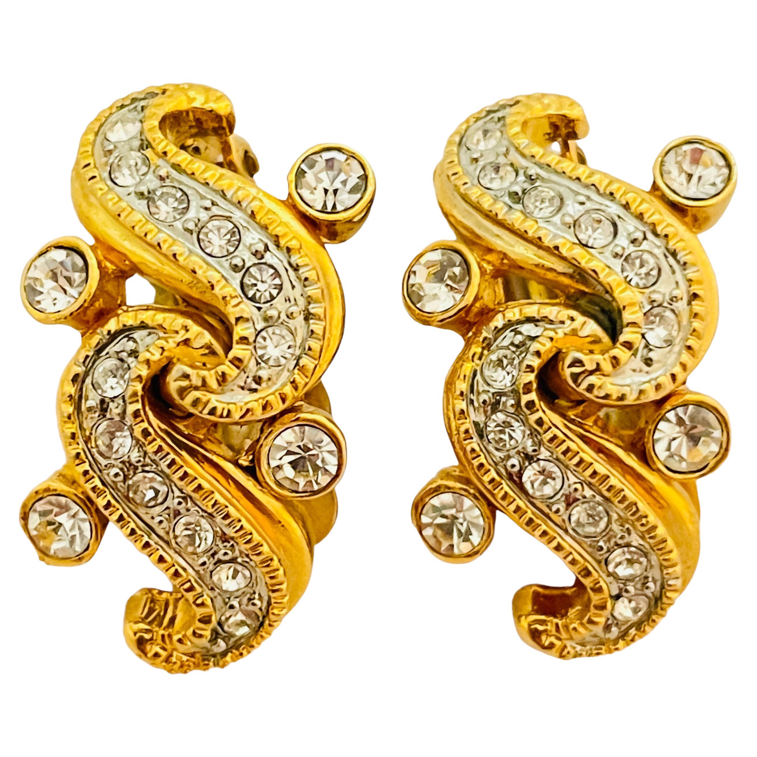 Vintage gold rhinestone designer runway clip on earrings For Sale