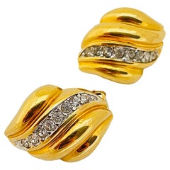 Vintage gold rhinestone designer runway clip on earrings 