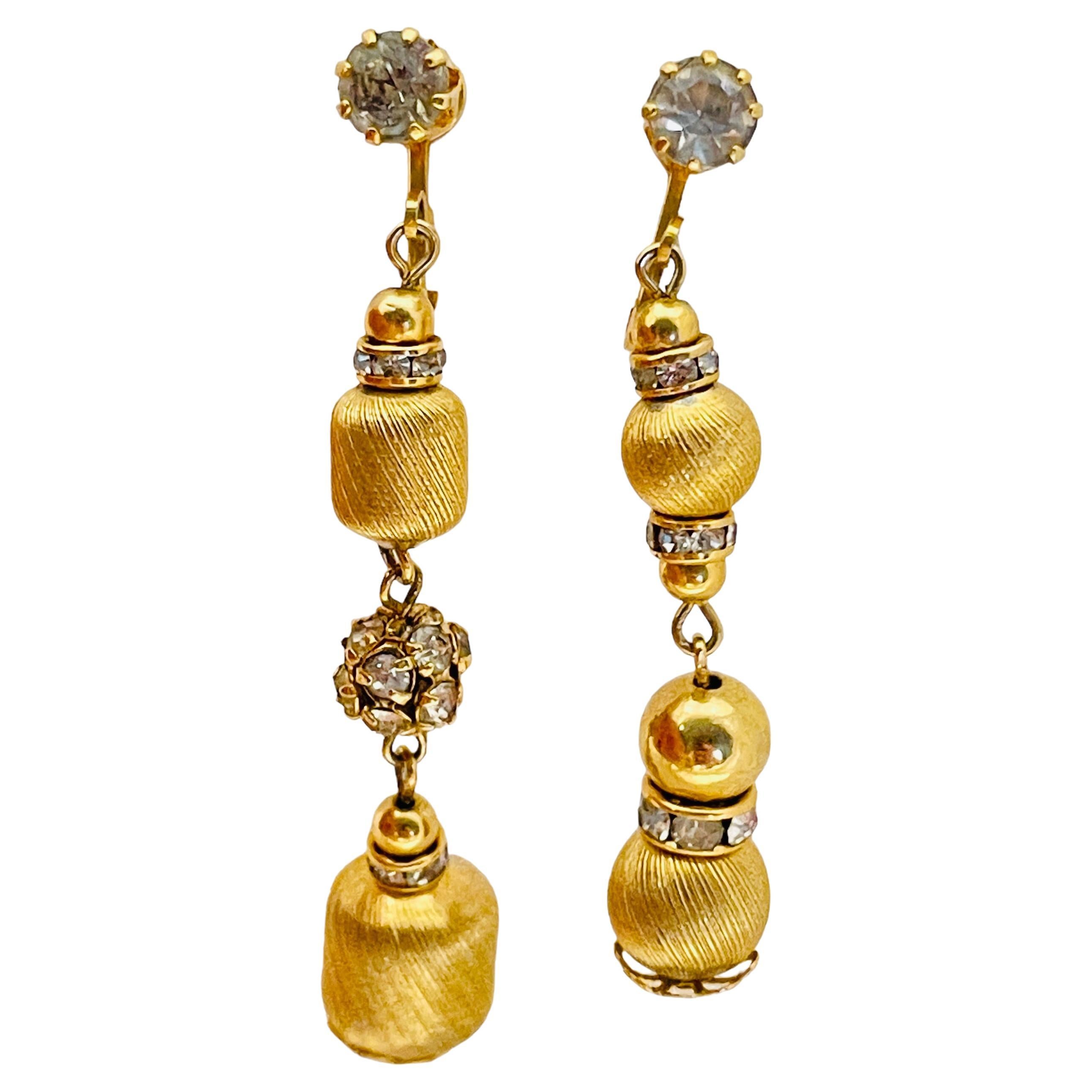 Vintage gold rhinestone designer runway clip on earrings  For Sale