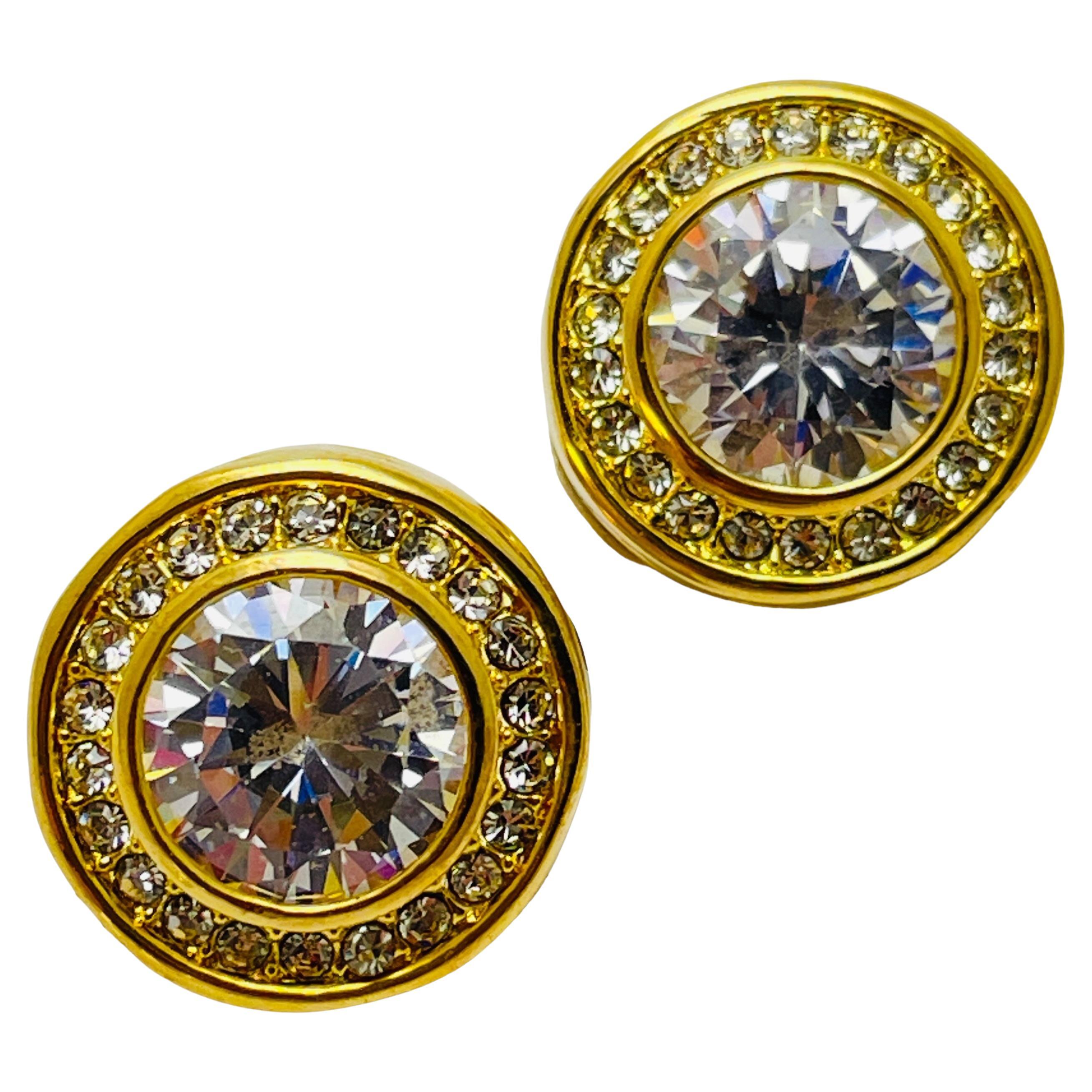 Vintage gold rhinestone designer runway clip on earrings For Sale
