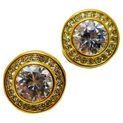 Vintage gold rhinestone designer runway clip on earrings