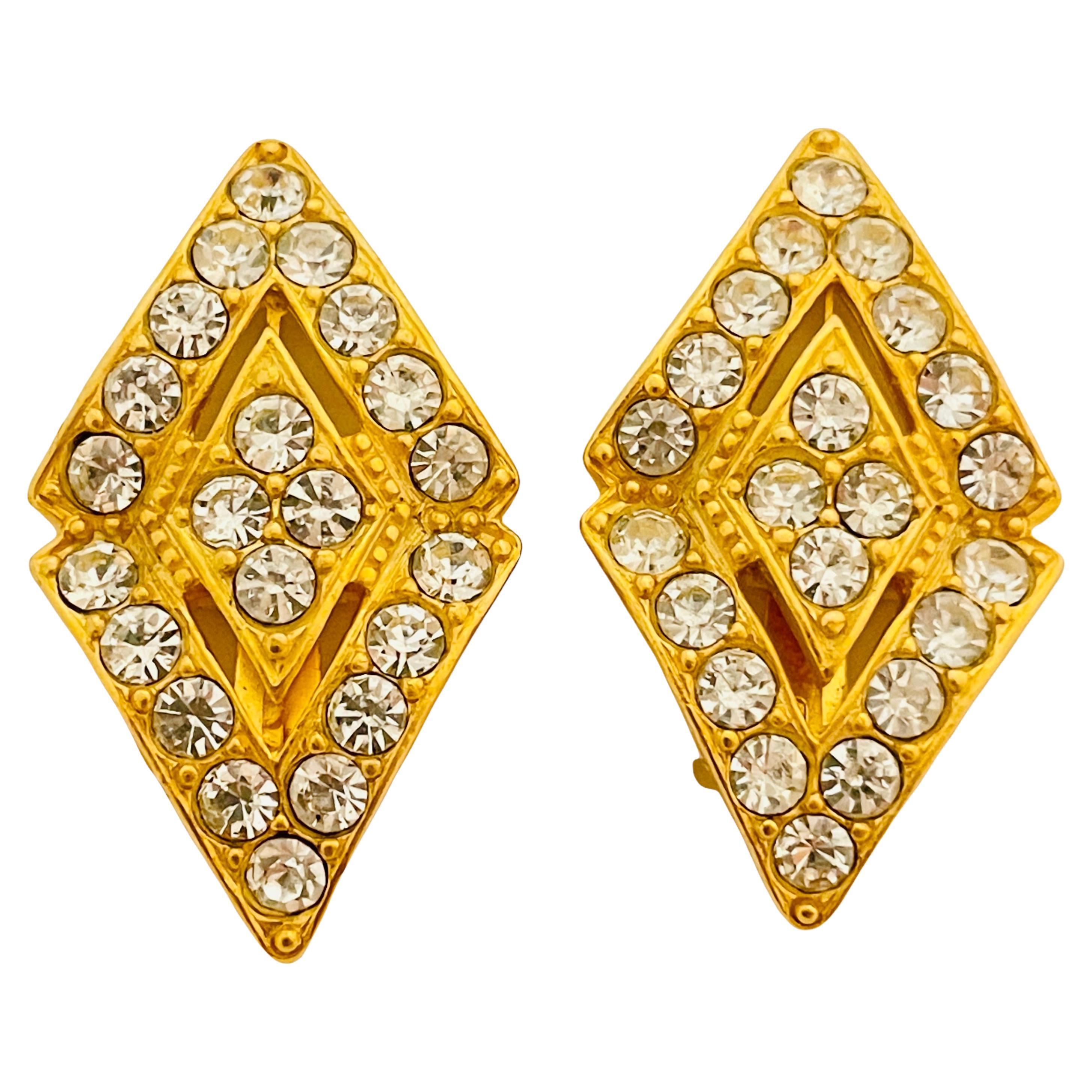 Vintage gold rhinestone designer runway clip one earrings For Sale