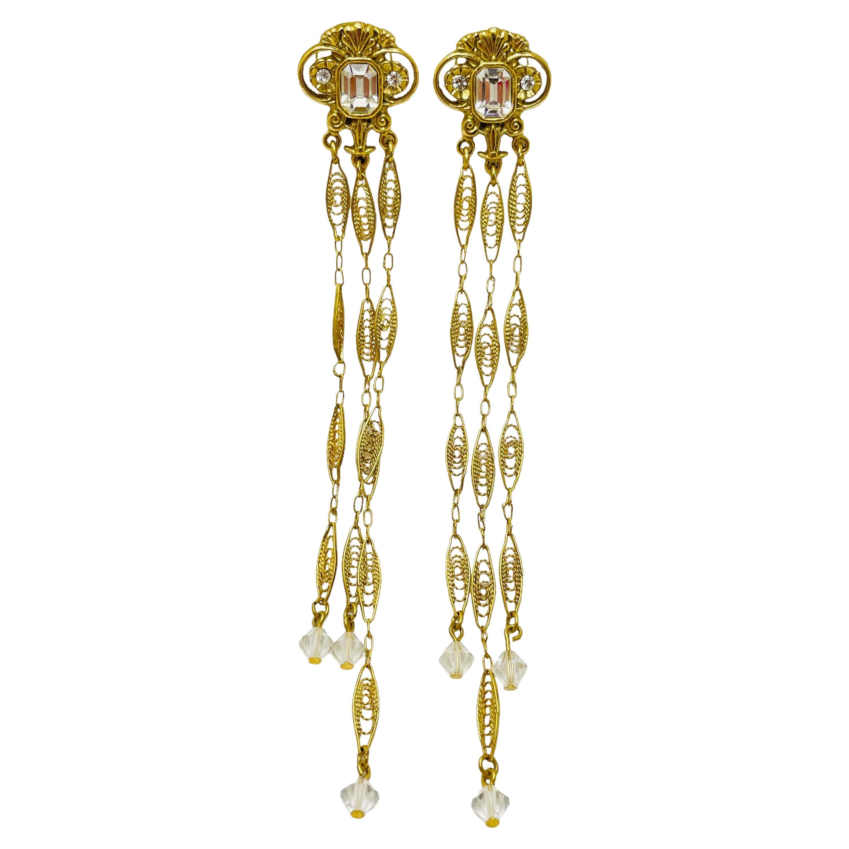 Vintage gold rhinestone designer runway pierced earrings For Sale