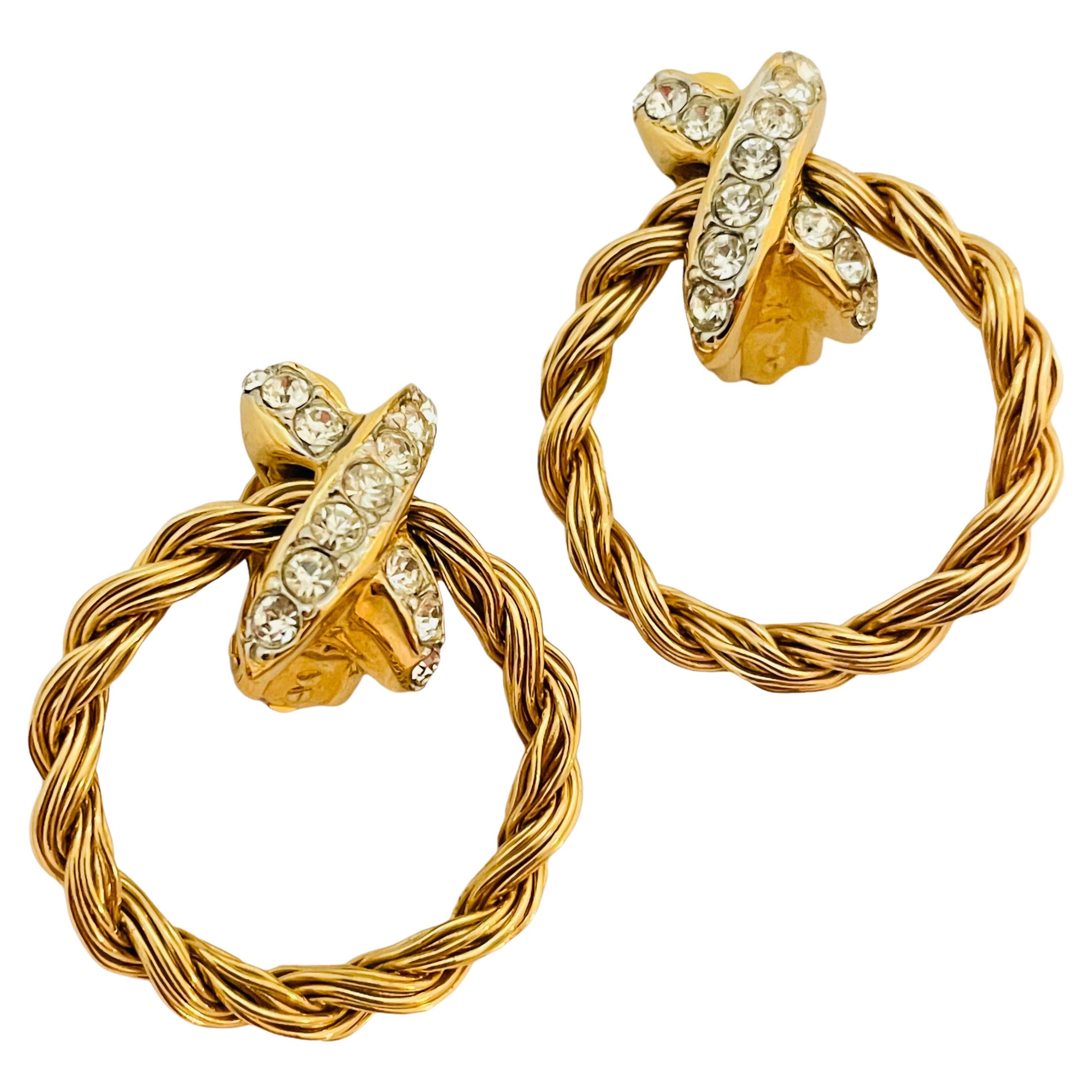 Vintage gold rhinestone door knocker designer runway clip on earrings For Sale
