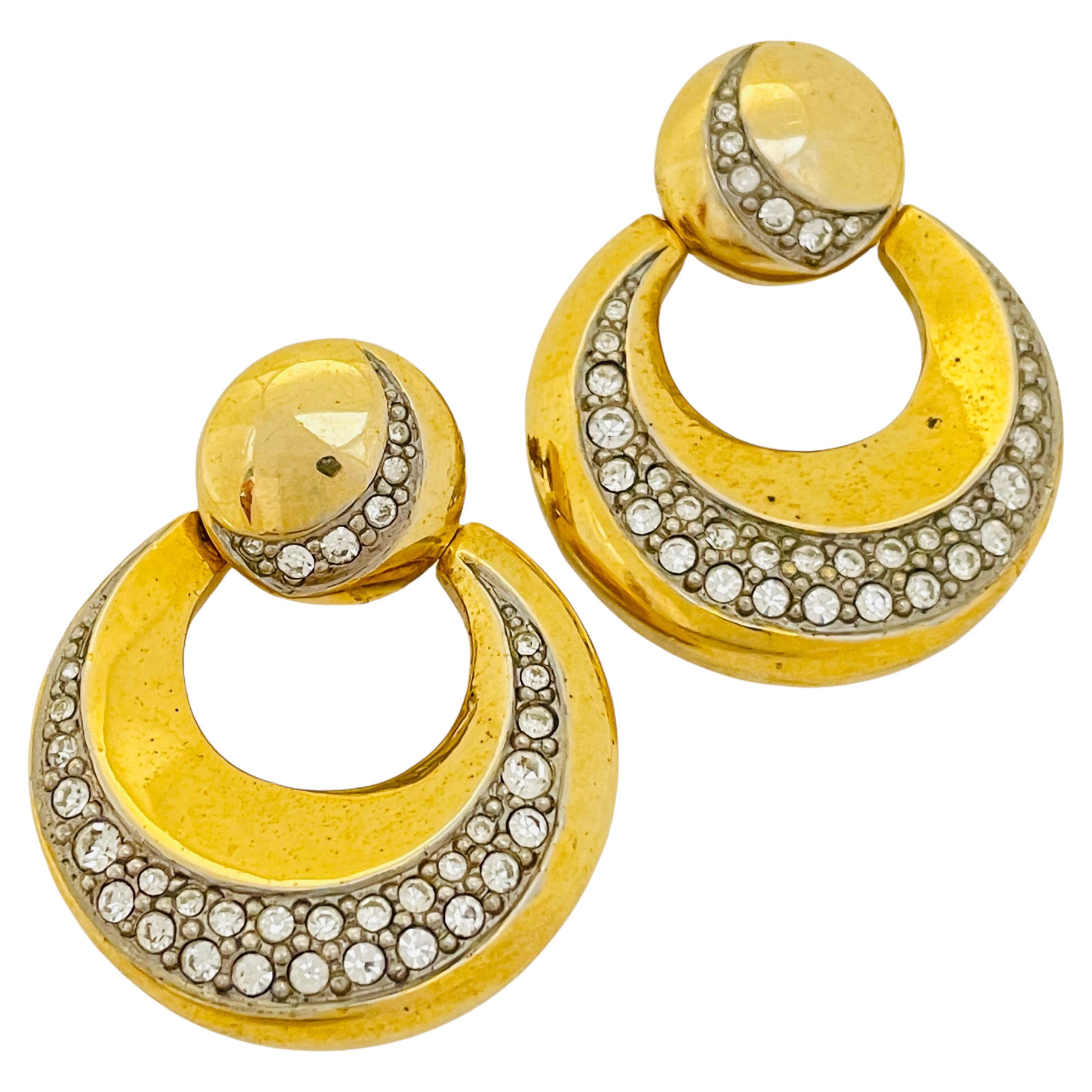 Vintage gold rhinestone door knocker designer runway earrings For Sale