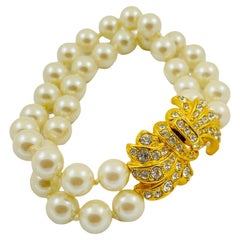 Vintage gold rhinestone double strand pearl bracelet