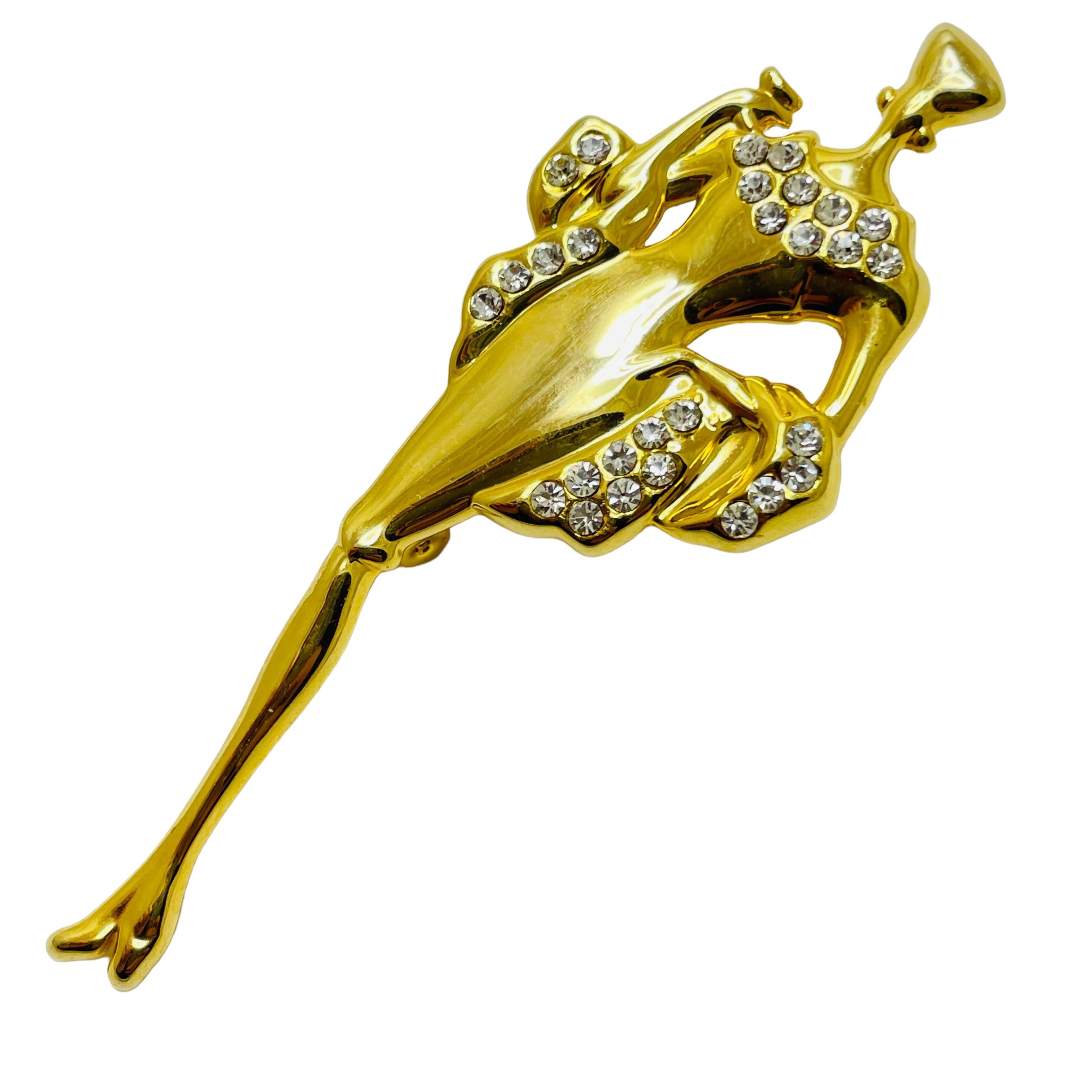 Women's or Men's Vintage gold rhinestone elegant lady designer brooch For Sale