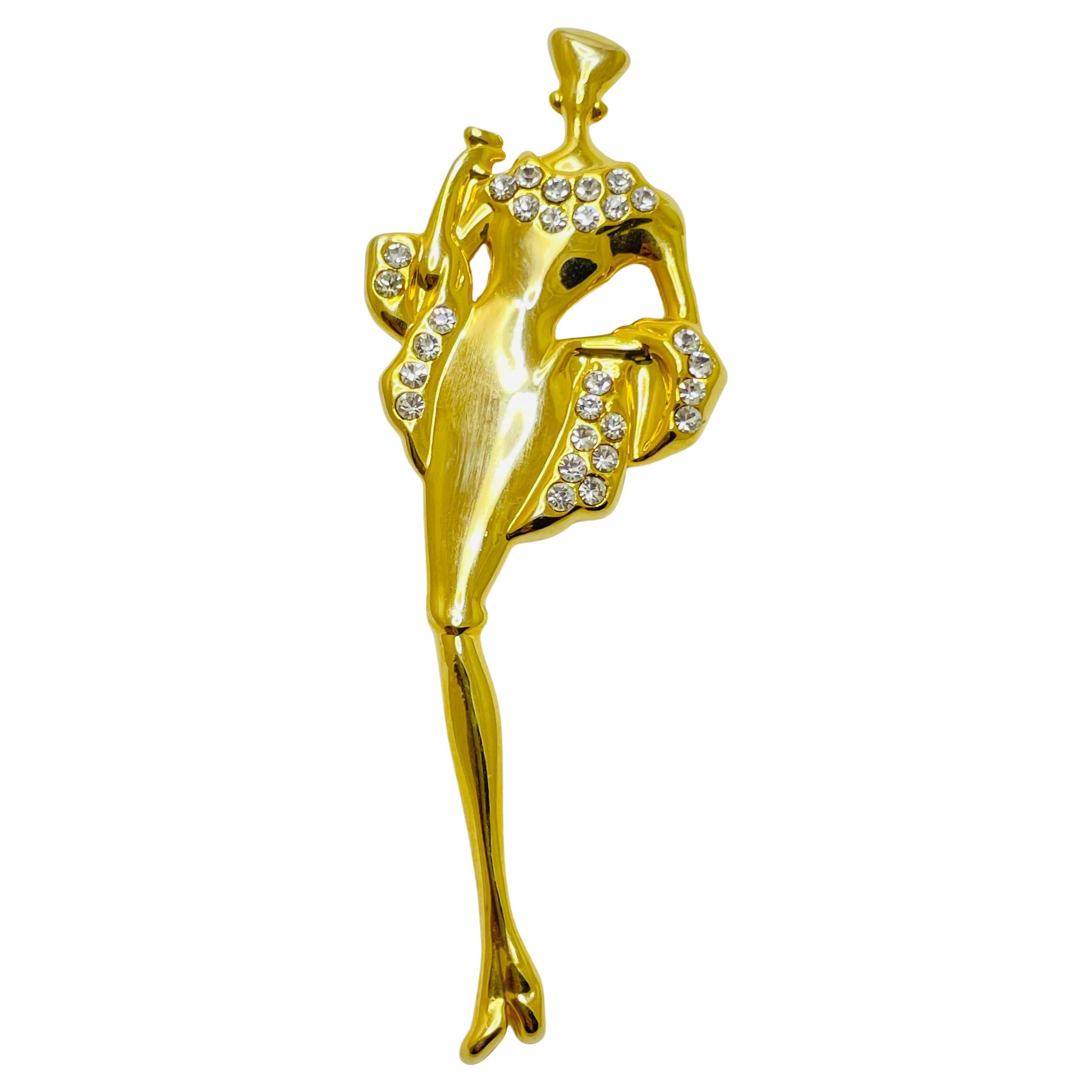 Broche de diseño vintage dorado con strass elegante de señora