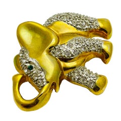 Vintage gold rhinestone emerald eyes elephant figural designer brooch