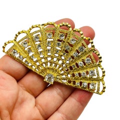 Vintage gold rhinestone fan designer runway brooch