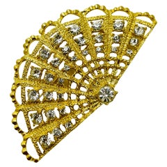 Vintage gold rhinestone fan designer runway brooch
