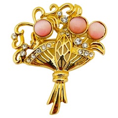 Broche vintage de diseño de cesta de flores con strass dorado