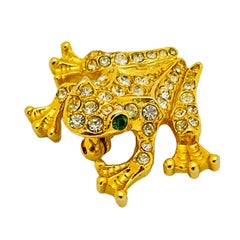 Vintage gold rhinestone frog designer runway brooch