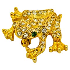 Vintage gold rhinestone frog designer runway brooch