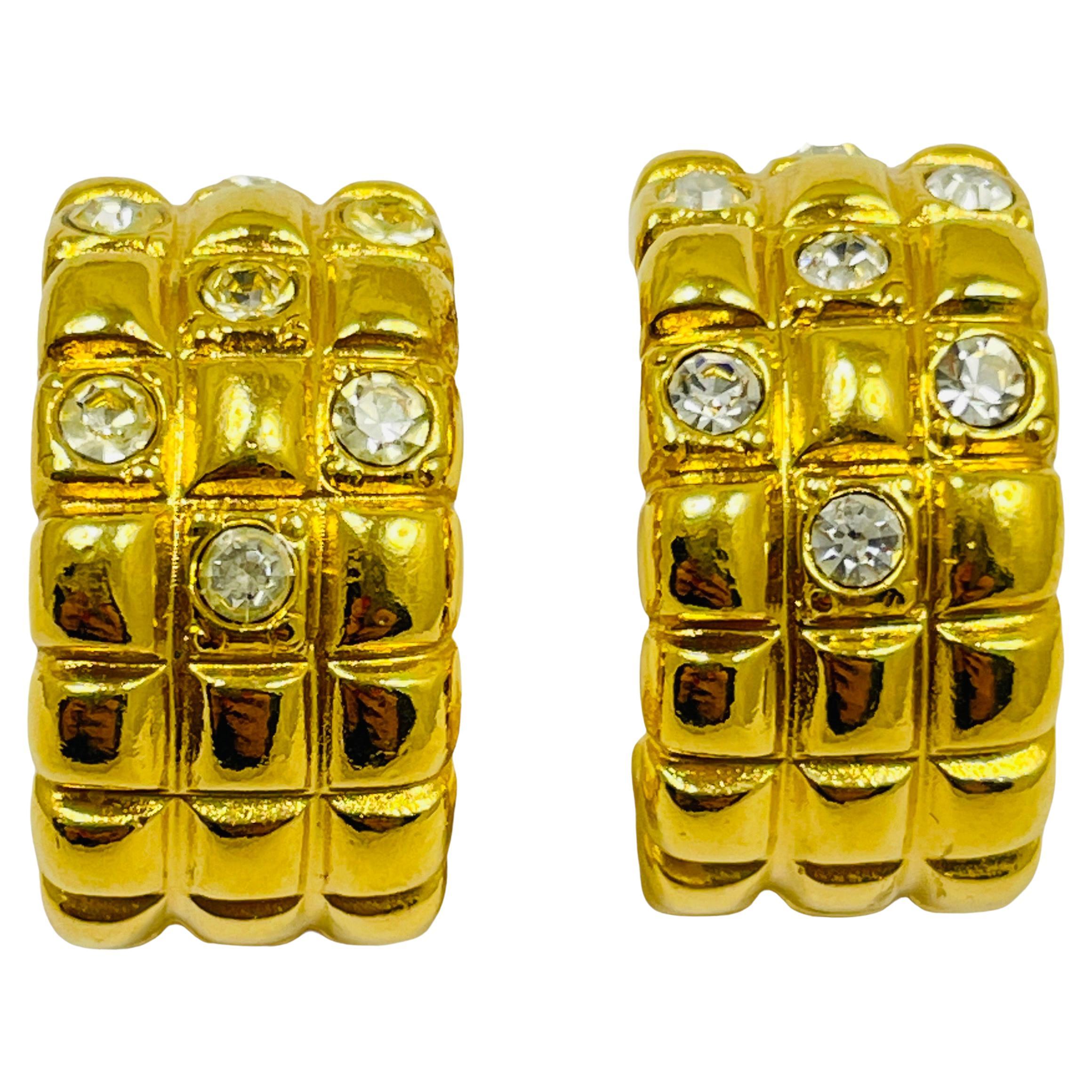 Vintage gold rhinestone hoop designer runway pierced earrings For Sale