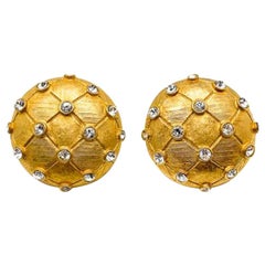 Vintage Gold Rhinestone Lattice Disc Earrings 1980S