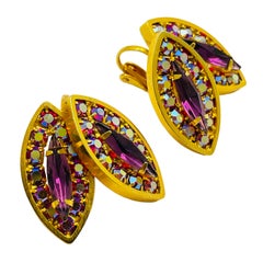 Vintage gold rhinestone leaf designer clip on earrings