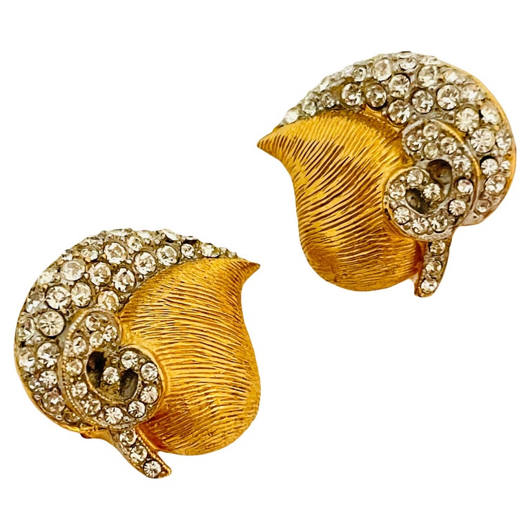 Vintage gold rhinestone leaf designer clip on earrings For Sale at 1stDibs