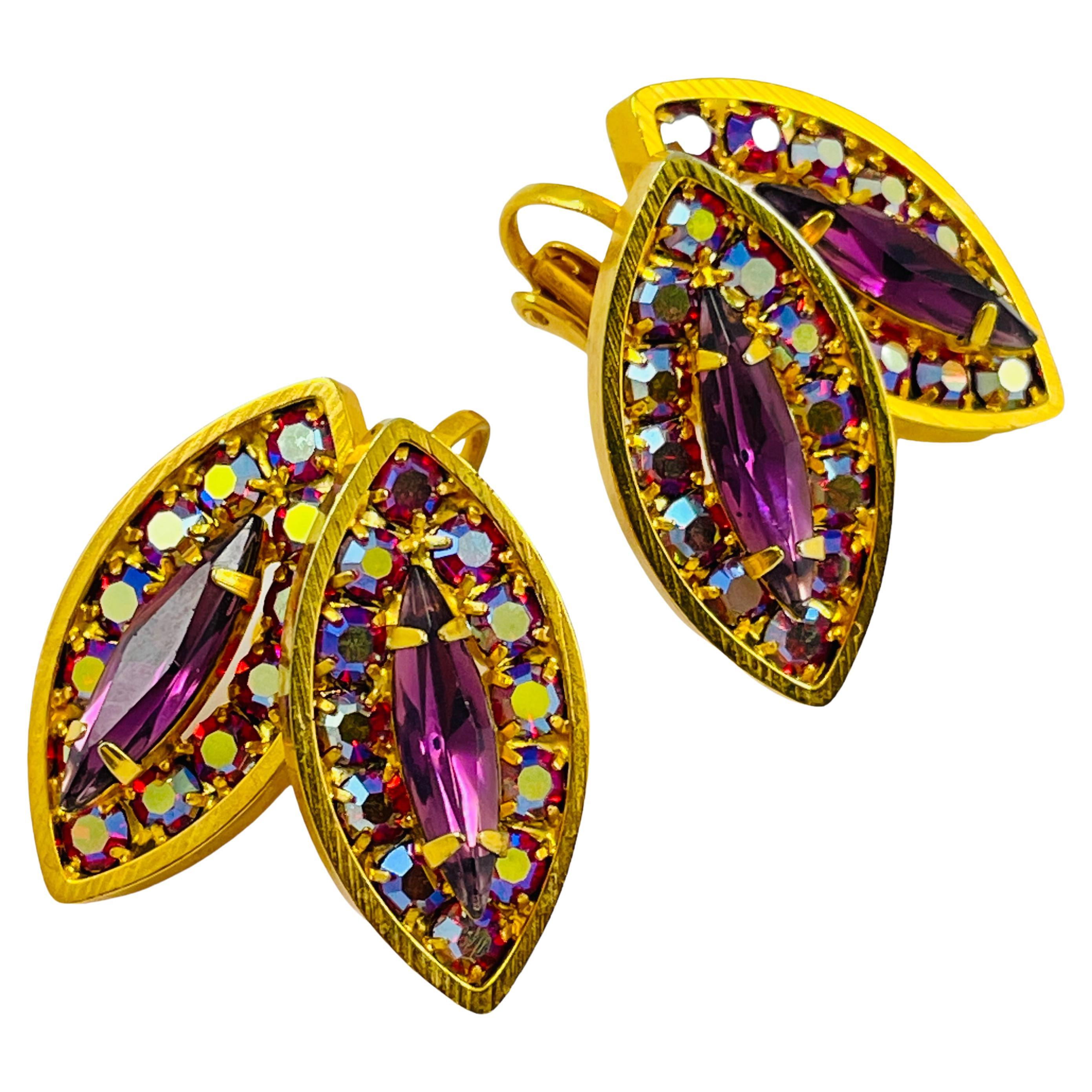 Vintage gold rhinestone leaf designer clip on earrings For Sale