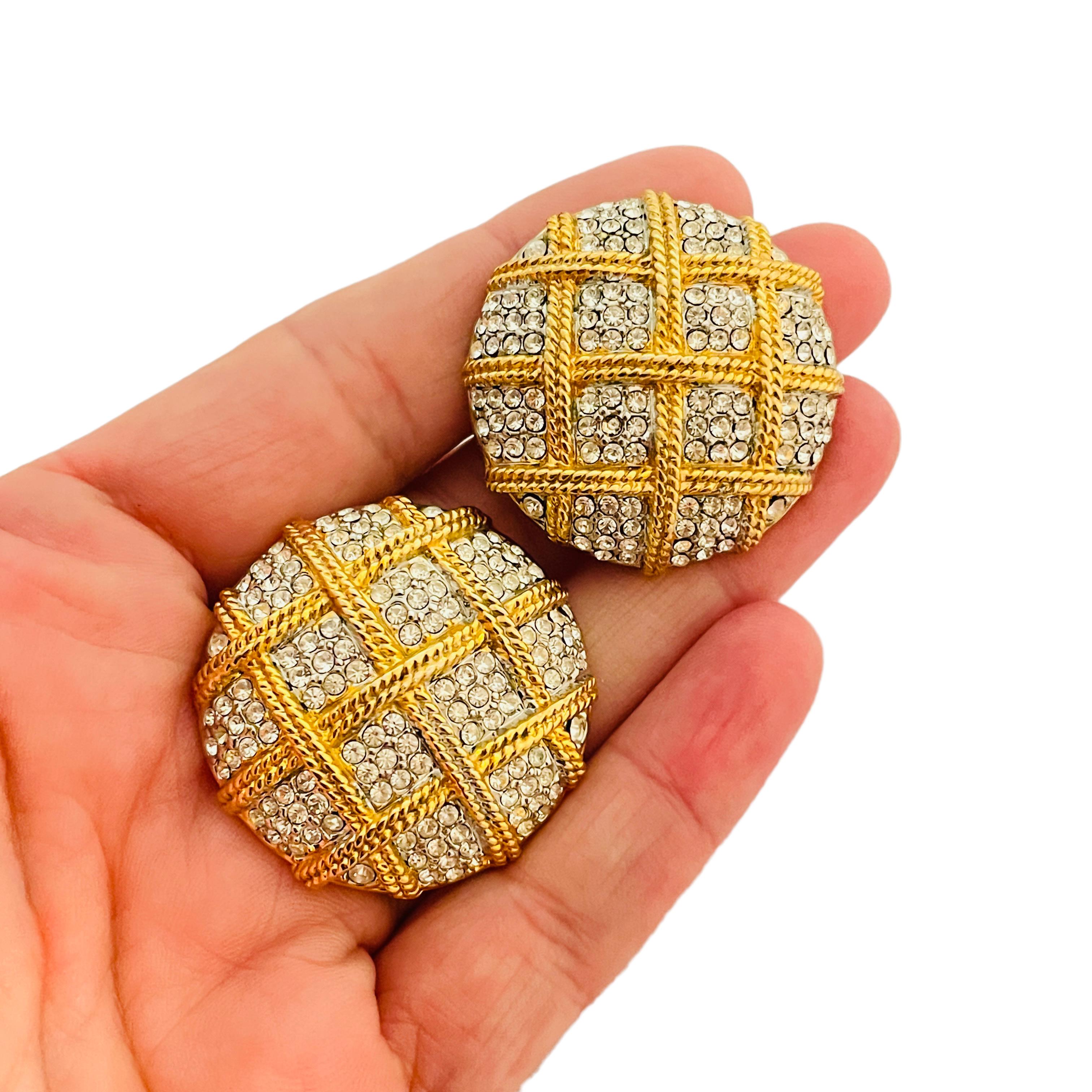 Vintage Gold-Strass-Ohrclips mit massivem Designer-Laufsteg für Damen oder Herren im Angebot