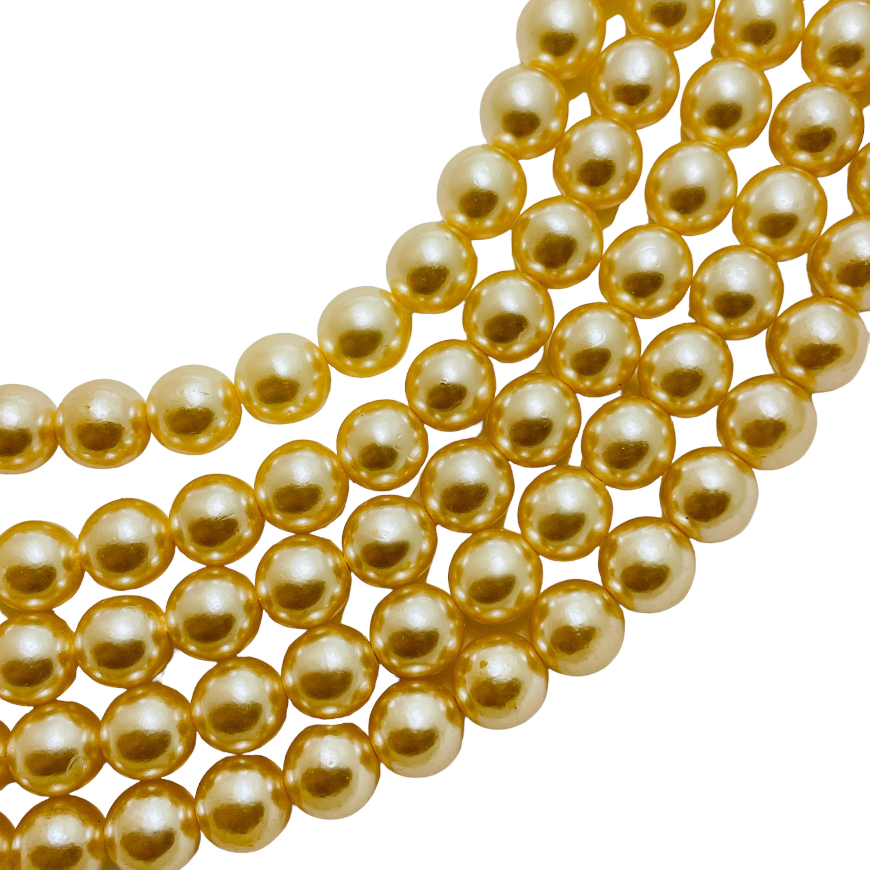 Vintage gold rhinestone pearls designer runway necklace For Sale 1