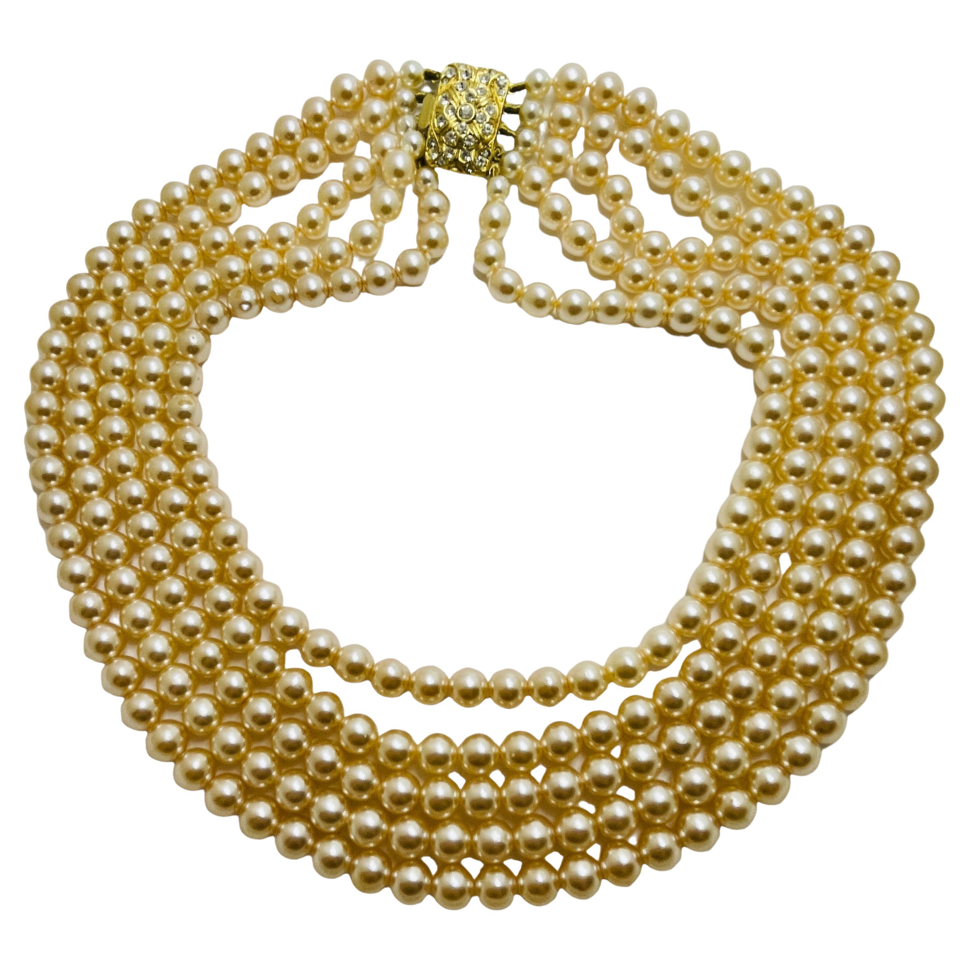 Vintage gold rhinestone pearls designer runway necklace