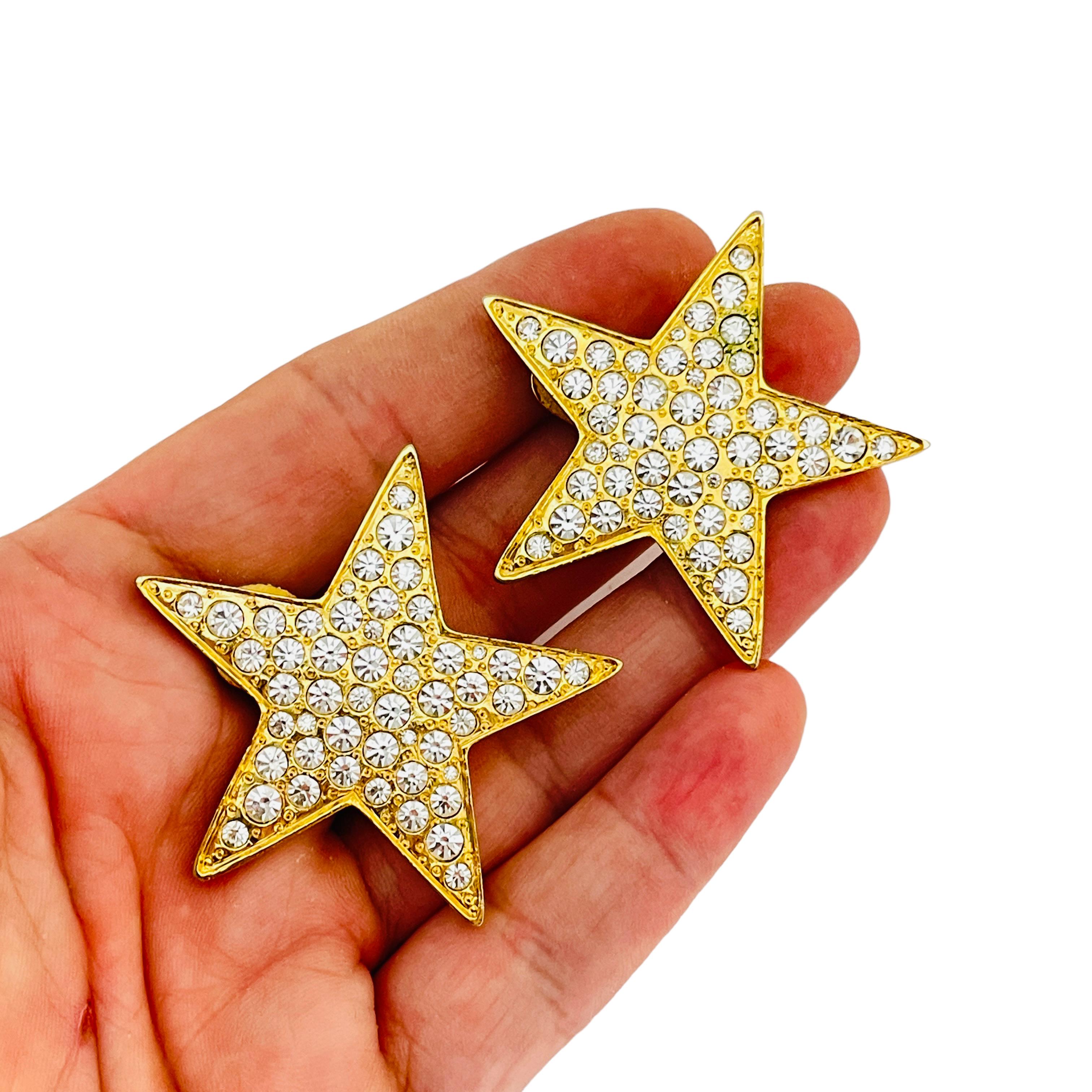 Women's or Men's Vintage gold rhinestone star designer runway clip on earrings For Sale