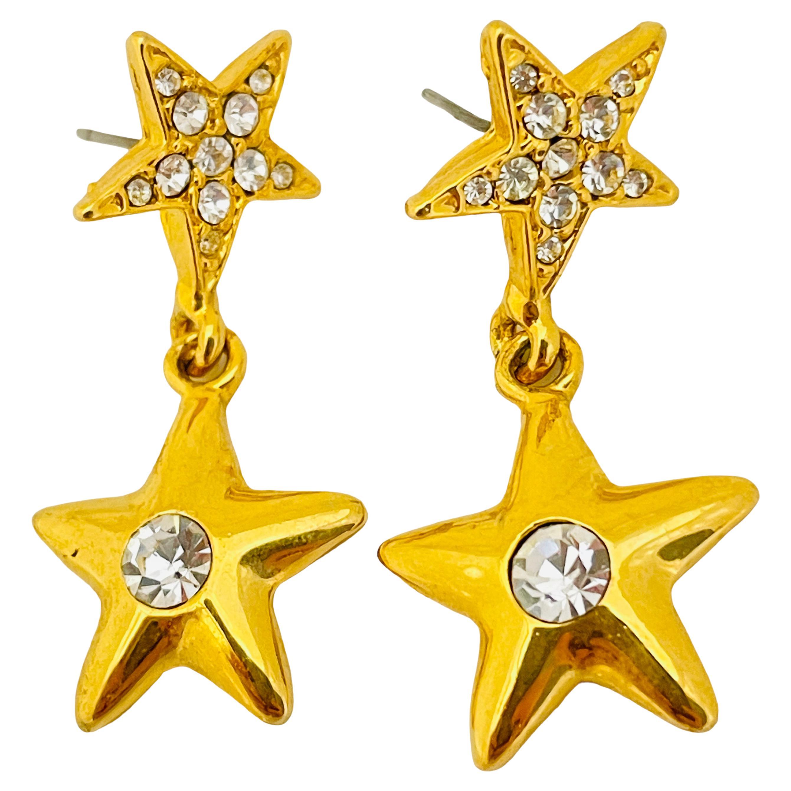 Vintage gold rhinestone star designer runway earrings  For Sale