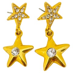 Vintage gold rhinestone star designer runway earrings 