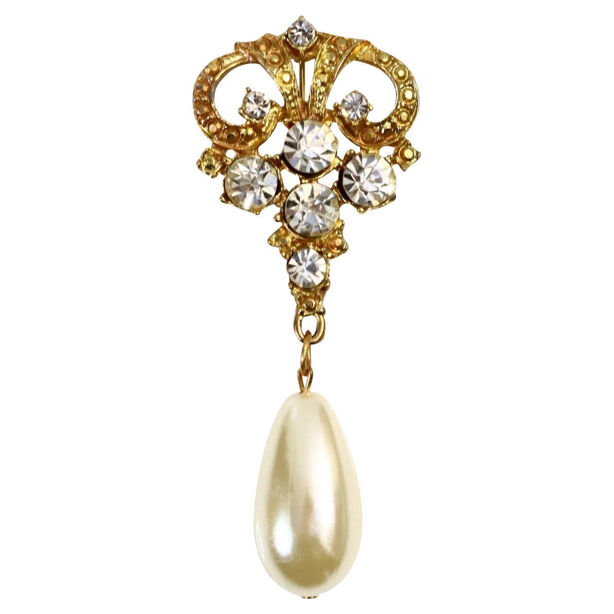 Vintage Gold Rhinestone with Faux Dangling Pearl Brooch Circa 1960s For Sale