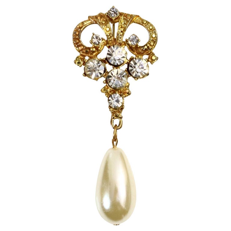 Vintage Gold Rhinestone with Faux Dangling Pearl Brooch For Sale