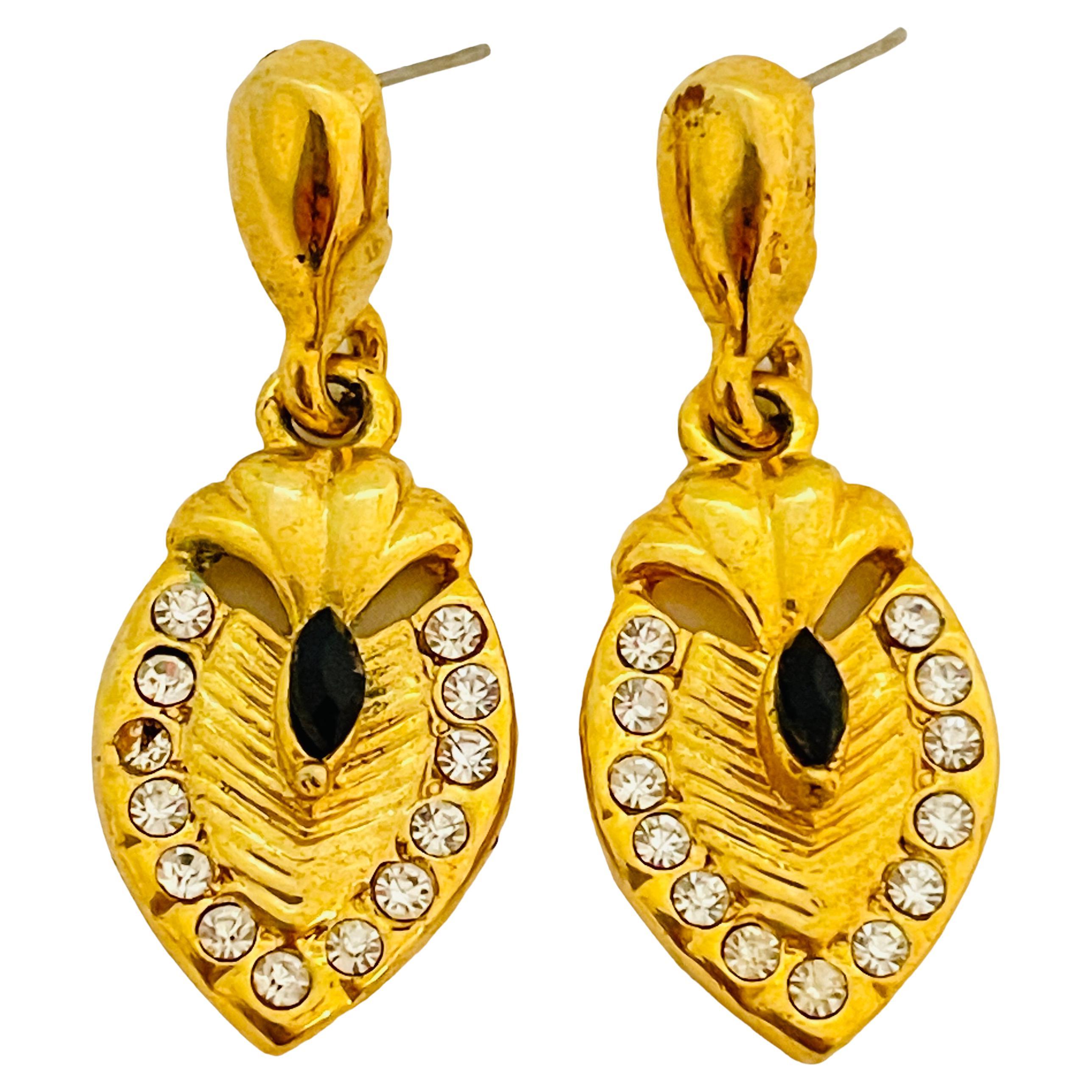 Vintage gold rhinestones dangle designer runway pierced earrings For Sale